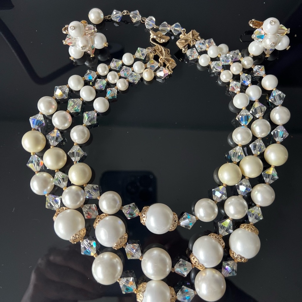 Vintage Vendome 3 Strand Faux Pearl AB Crystal Gold Filigree Necklace Earrings
